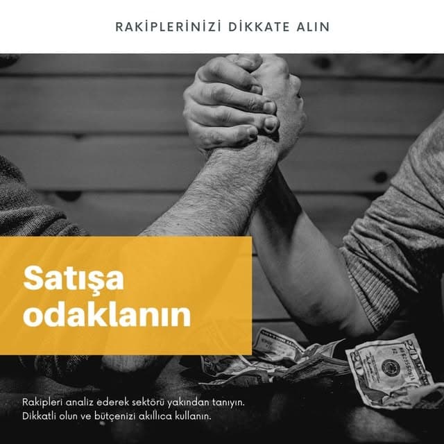 Siyah beyaz bilek güreşi fotoğrafı üzerinde sarı blokta 'Satışa odaklanın' başlığı